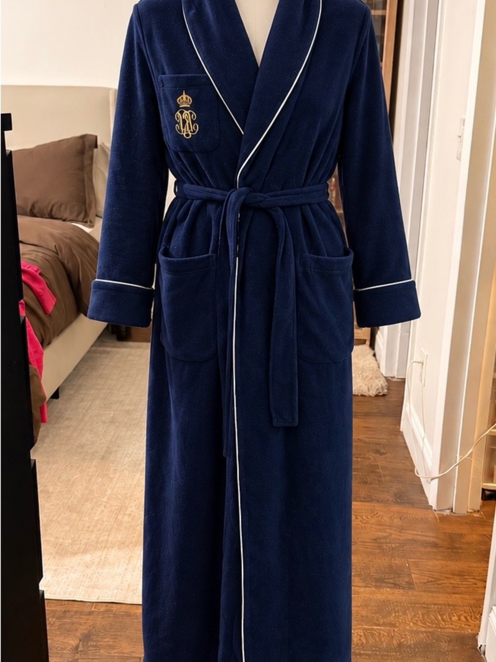 Ralph Lauren Navy Blue Shawl Collar Bathrobe with Embroidered Crest